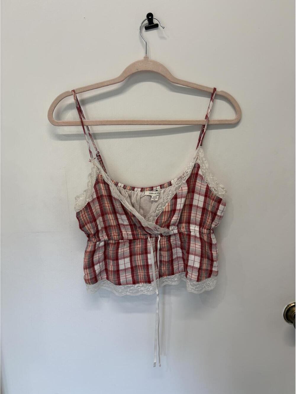 American Eagle Size Med Red Plaid Lace Trim Cropped Cami Top